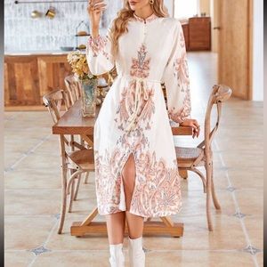 Boho Cottagecore Paisley Floral Print Belted Dress